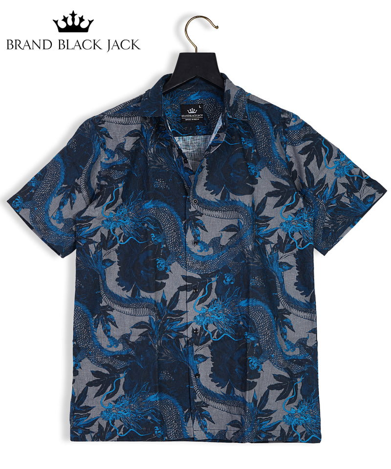 Pure Linen Wild Dragon Navy Blue Half Sleeve Printed Shirt For Men By Brand Black Jack
