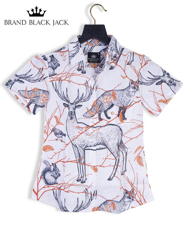 Seamless Pattern with Tree Branches, Forest Animals and Birds Deer, Fox, Hare, Squirrel, Natural Design for Fabrics, Gold black, white, Vintage Printed Shirt By Brand Black Jack