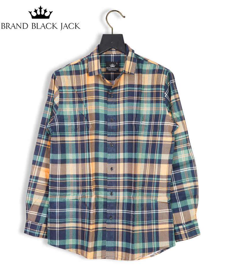 Pure Linen Winter Collection Plaid Tartan Checked Print Full Sleeve Mens Shirt by Brand Black Jack