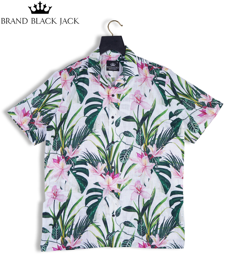 Pure Linen Pink Oleander Rhododendron Flowers and Plam Leaves in Summer Cuban Style Mens Shirt by Brand Black Jack