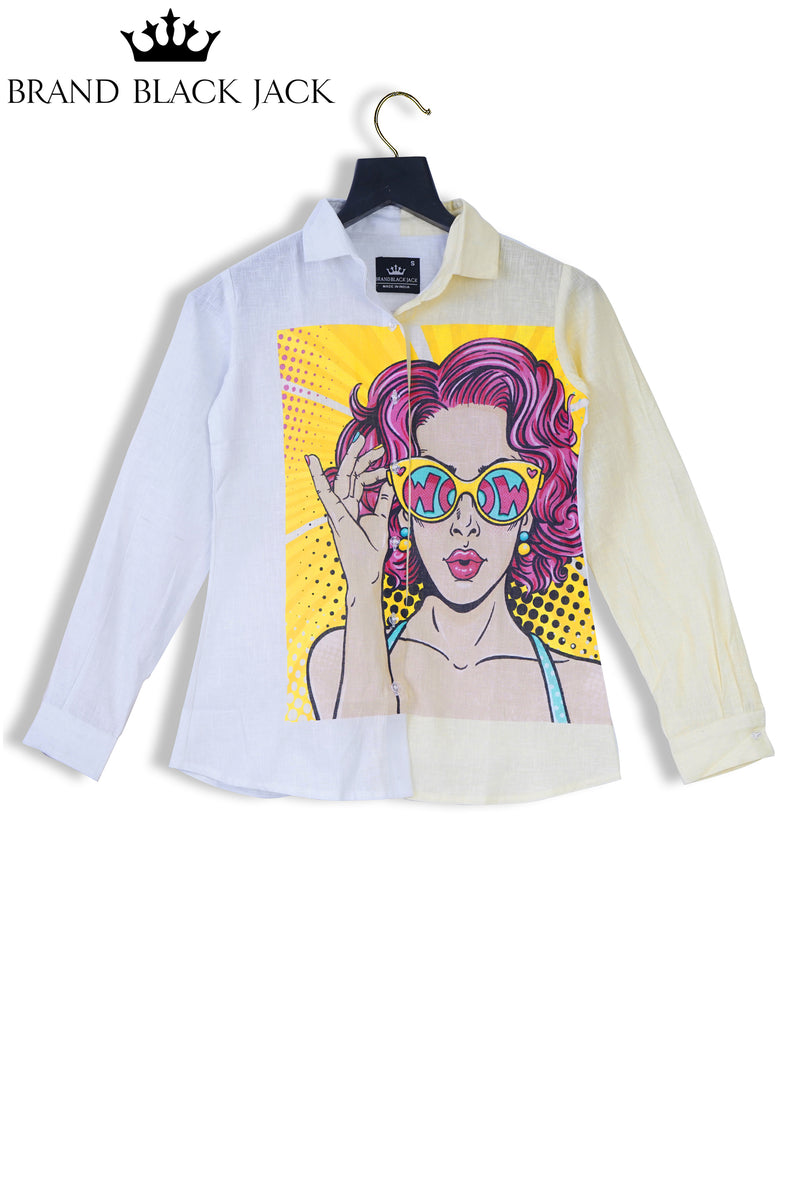 Pure Linen Sexy Surprised Women Print Shirt With Pink Curly Hair and Holding Sunglasses by Brand Black Jack
