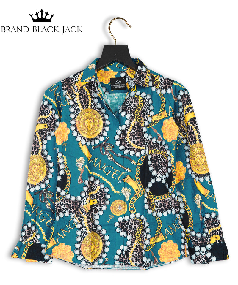Gold Chain, Belt and Leopard Skin Pattern Women Linen Shirt Tops by Brand Black Jack