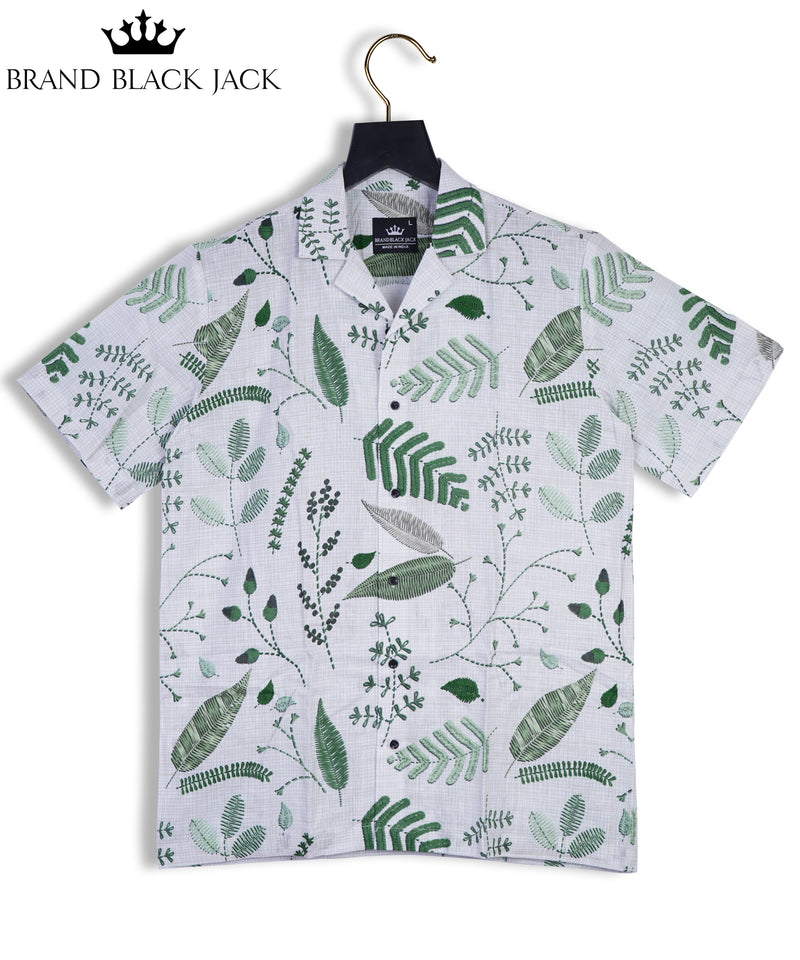 Pure Linen Looking Embroidery Leaf Printed Shirt For Men By Brand Black Jack