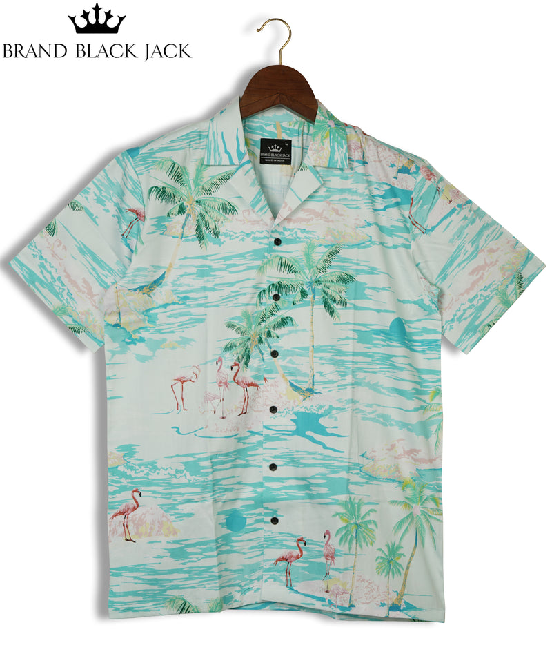 Flamingo Island Print On Green Pastel Color With Plam, Sunset Cuban Pure Cotton Mens Printed Shirt