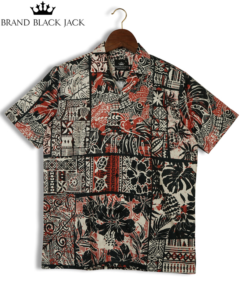 Hawaiian Hibiscus and Tribal Patchwork Abstract Vintage Printed Pure Cotton Mens Shirt by Black Jack