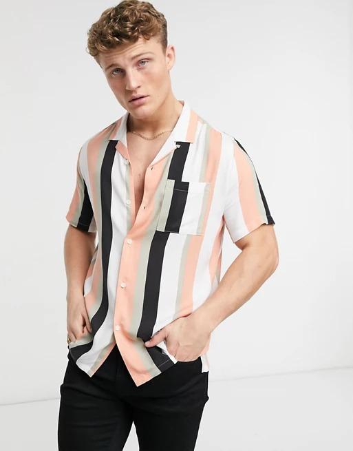 Revere Collar Strip Shirt In Peach
