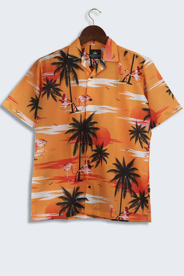 Cuban Style Sunset Glow Coconut Tree Hawaiian Mens Printed Shirt by Black Jack