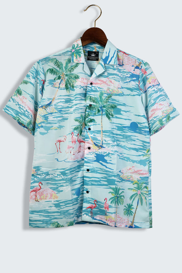 Flamingo Island Print On Green Pastel Color With Plam, Sunset Cuban Mens Printed Shirt