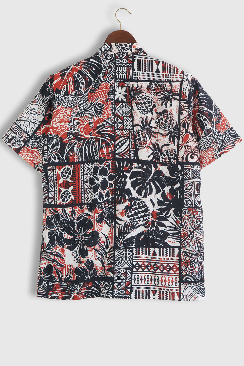 Hawaiian Hibiscus and Tribal Patchwork Abstract Vintage Printed Mens Shirt by Black Jack