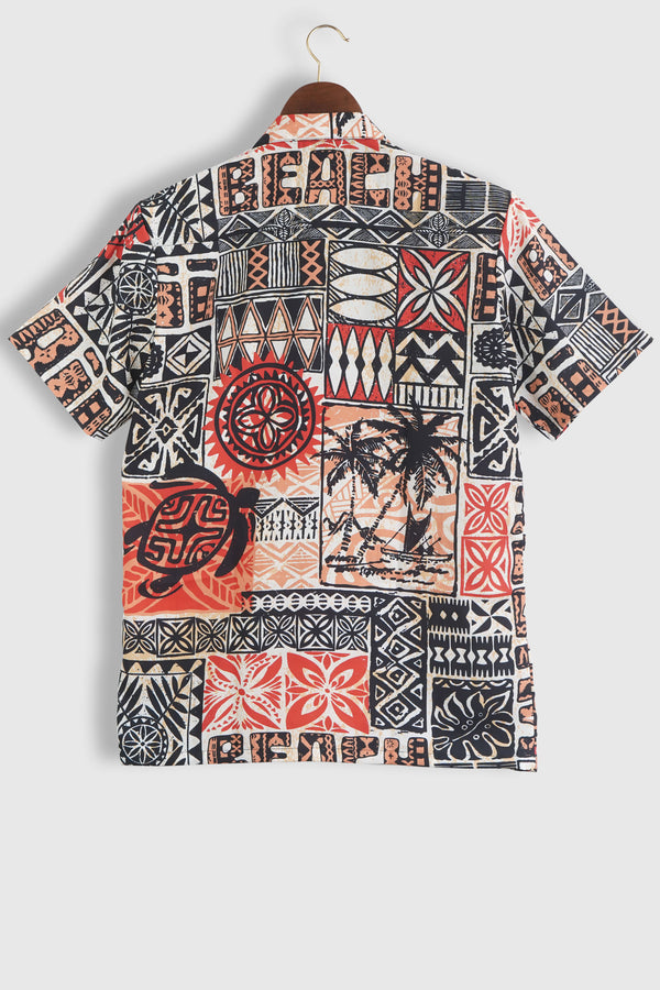 Hawaiian Style Tribal Patchwork Abstract Vintage Printed Mens Shirt by Black Jack for Travel