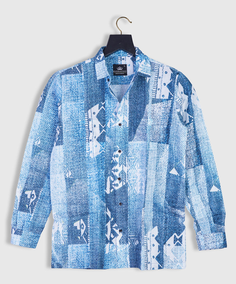Abstract Denim Distressed patchwork with Boho Style Urban Motif Print Pure Linen Mens Shirt by Black Jack