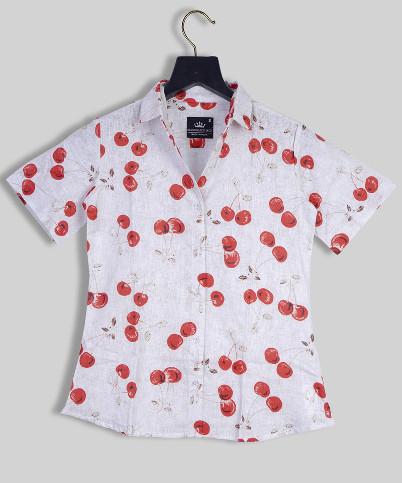 Linen Vintage Cherry plant Half Sleeve Printed Shirt By Brand Black Jack