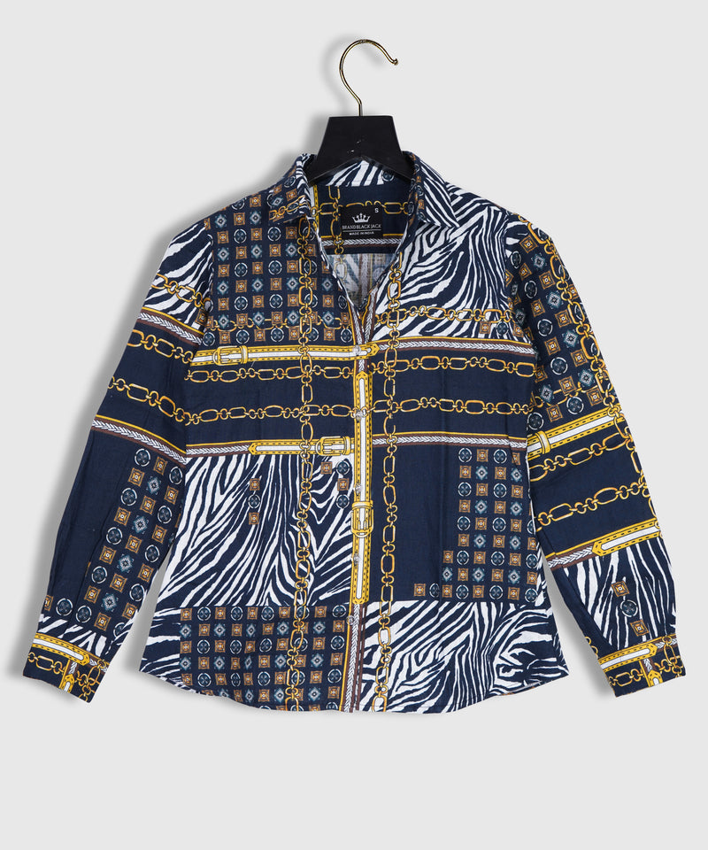 Golden Chain, Animal Print,Abstract Mix Printed Blue Color Linen Shirt By Brand Black Jack