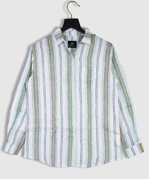 Pure Linen French Blue Yellow Farmhouse Style Stripes Print Full Sleeve Mens Shirt by Brand Black Jack