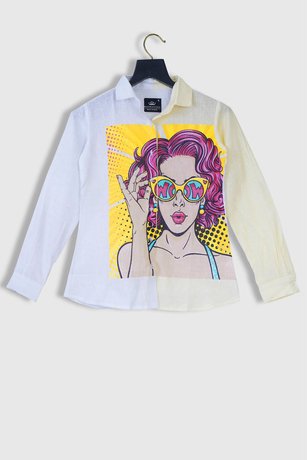 Pure Linen Sexy Surprised Women Print Shirt With Pink Curly Hair and Holding Sunglasses by Brand Black Jack
