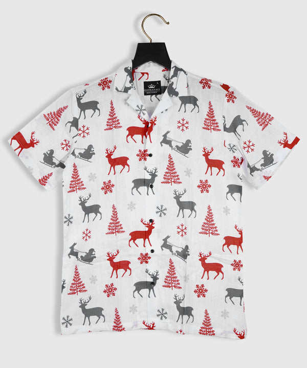 Pure Linen Merry Christmas Shirt, Christmas Tree and Deer Printed Mens Shirt by Brand Black Jack
