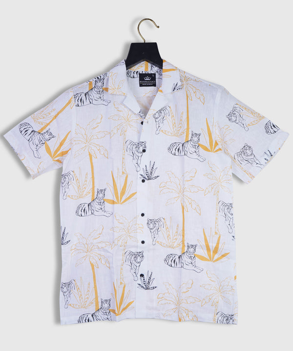 Sumatra, with Tigers in Wild Print Made by Indonesian Artist Linen Cuban Mens Shirt by Black Jack