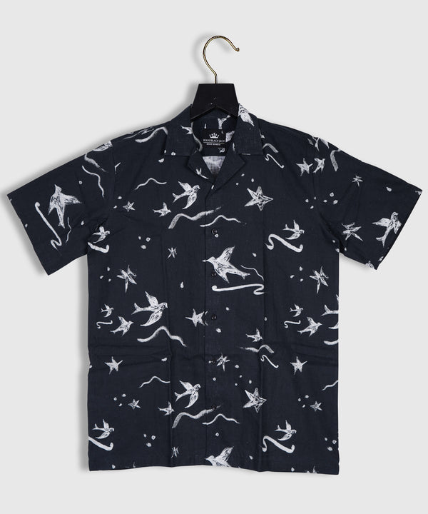 Black Bird Star Printed Linen Shirt By Brand Blackjack