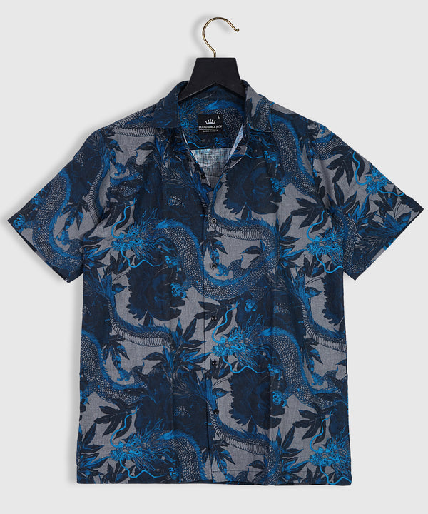 Pure Linen Wild Dragon Navy Blue Half Sleeve Printed Shirt For Men By Brand Black Jack