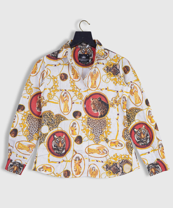 Gold Baroque Print, Leopard head, Lion head, Angels, Gold Chain Women Linen Shirt by Black Jack