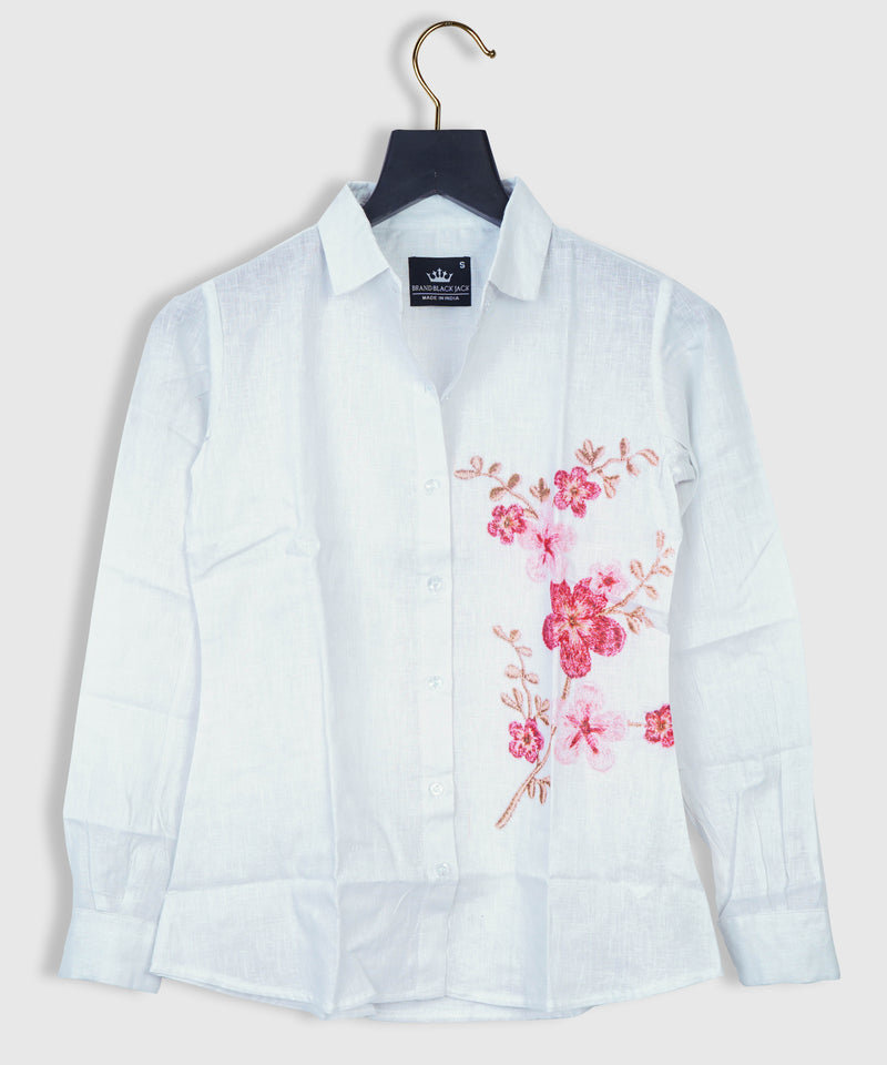 Pure Linen Plain White with Similar Embroidery Flower Print on Women Shirt Tops by Brand Black Jack
