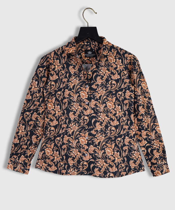 Linen Golden Floral Leaf Attrective Full Sleeve Printed Shirt By Brand Black Jack