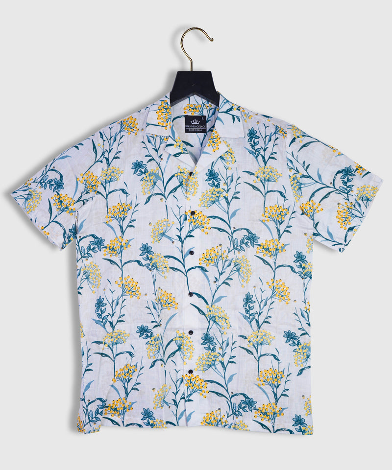 Pure Linen Autumn Pattern with Yellow Berries and Leaves Cuban Style Mens Shirt by Brand Black Jack
