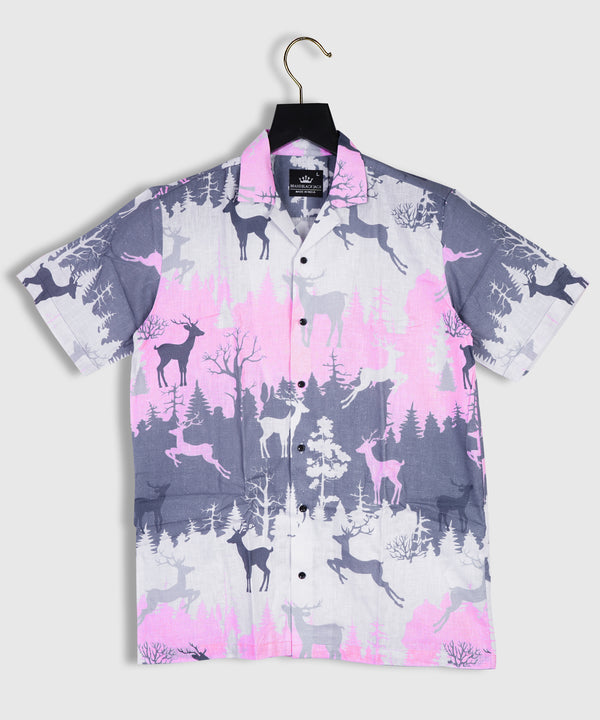Winter Seamless Pattern with Silhouettes of Deer, Forest and Trees on a Pink, Gray and Lilac  Linen Shirts By Brand Black Jack