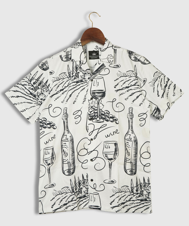 Vintage-Hand Drawn Wine bottle and Winemaking Pure Cotton Mens Printed Shirts by Black Jack