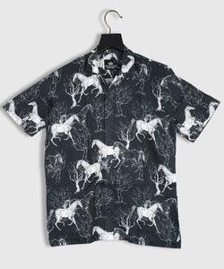 Pure Linen Black Running Horse Printed Shirt For Man By Brand Black Jack
