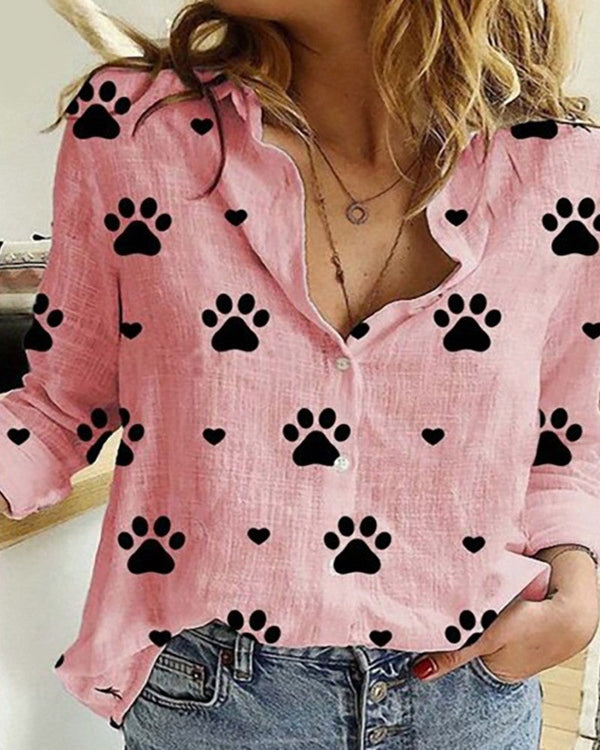 Pure Linen Pink Paw Print Long Sleeve Women Shirt Top by Brand Black Jack