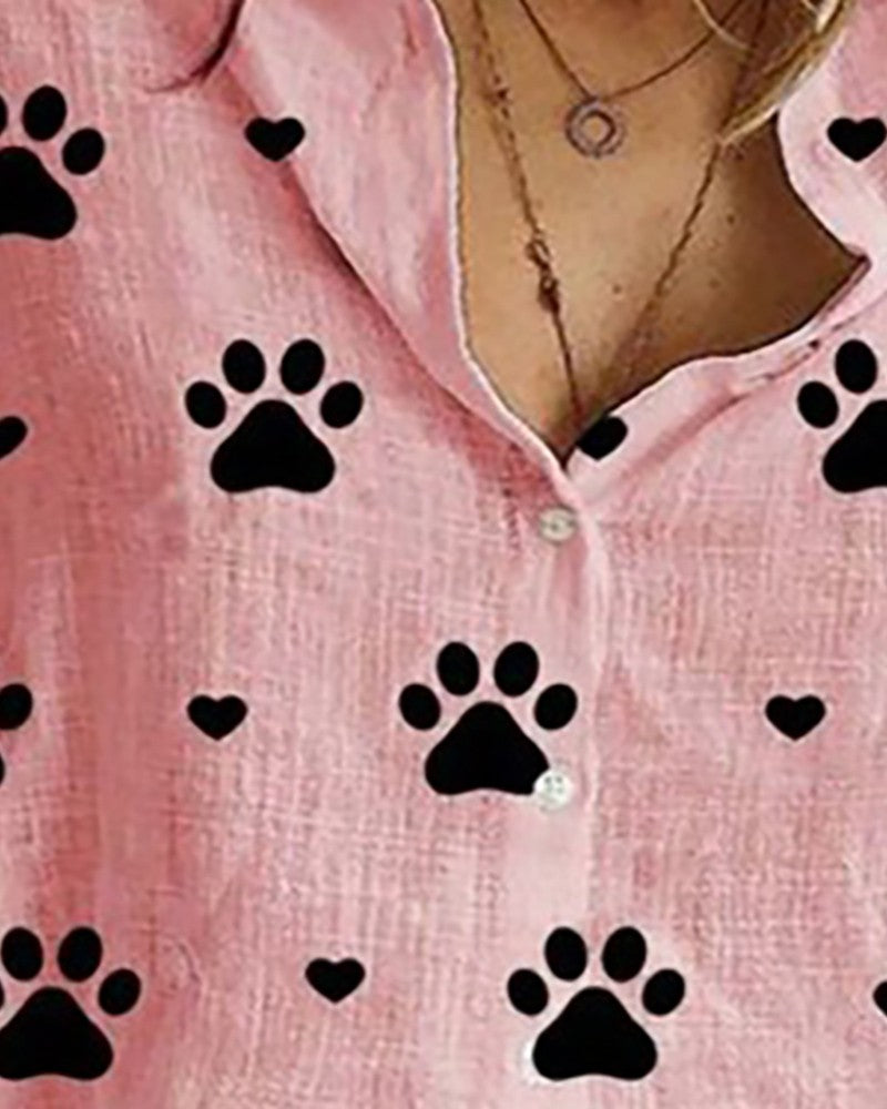 Pure Linen Pink Paw Print Long Sleeve Women Shirt Top by Brand Black Jack