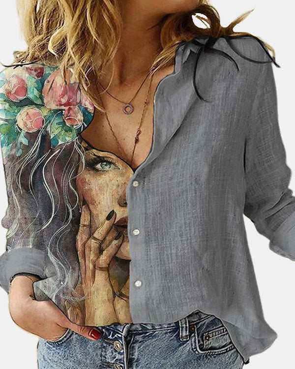 Pure Linen Gray Color Figure Print Button Design Long Sleeve Casual Women Shirt Tops by Brand Black Jack