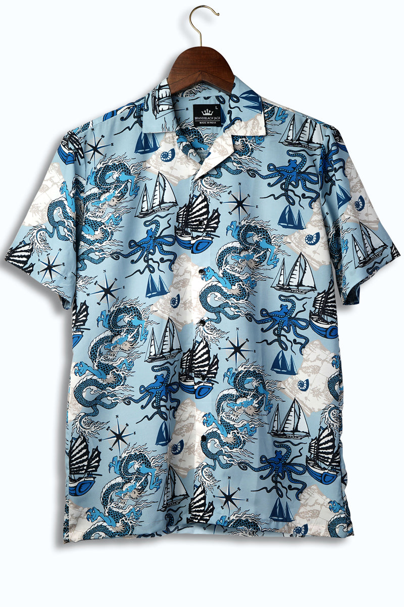 Pattern of Asian Dragon, Octopus and Sea Voyages Mens Printed Shirt by Black Jack
