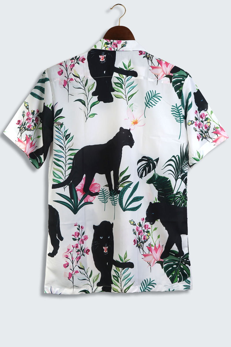 Wild Life Black Panther In The Tropical Forest Pink Flower Tropical Leaves Mens Printed Shirt