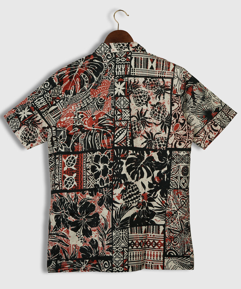Hawaiian Hibiscus and Tribal Patchwork Abstract Vintage Printed Pure Cotton Mens Shirt by Black Jack