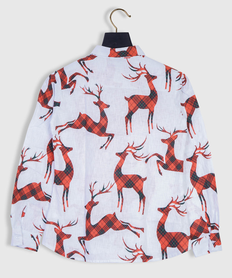 Pure Linen Christmas Pattern with Deer Printed Women Shirt Top by Brand Black Jack