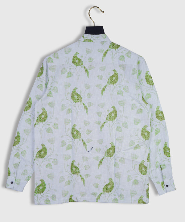 Pure Linen Light Green Leaf Bird Printed Shirt For Men Full Sleeve Shirt By Brand Black Jack