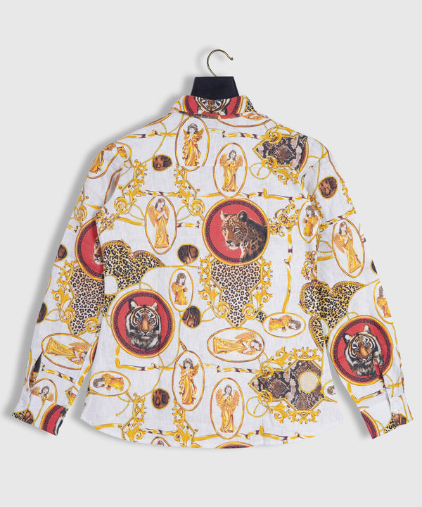 Gold Baroque Print, Leopard head, Lion head, Angels, Gold Chain Women Linen Shirt by Black Jack