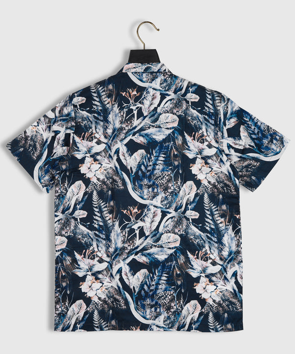Pure Cotton Leaf and Floral Navy Blue Color Printed Shirt By Brand Black Jack
