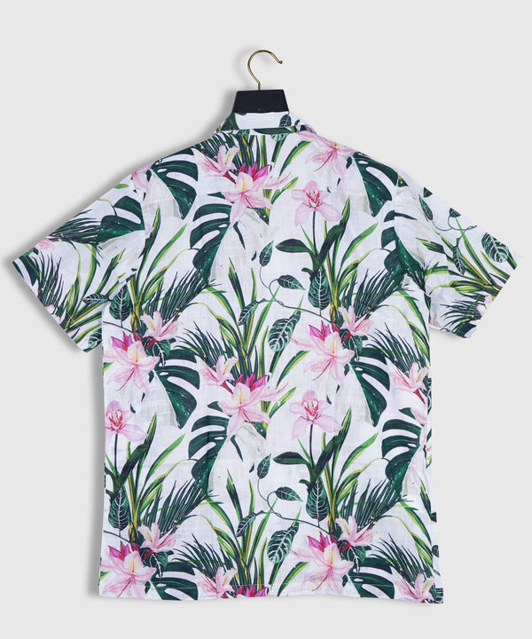 Pure Linen Pink Oleander Rhododendron Flowers and Plam Leaves in Summer Cuban Style Mens Shirt by Brand Black Jack