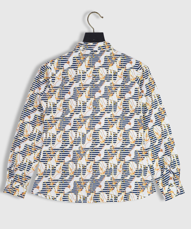 Linen Golden Chain Blue Strip Loop Printed Shirt By Brand Black jack