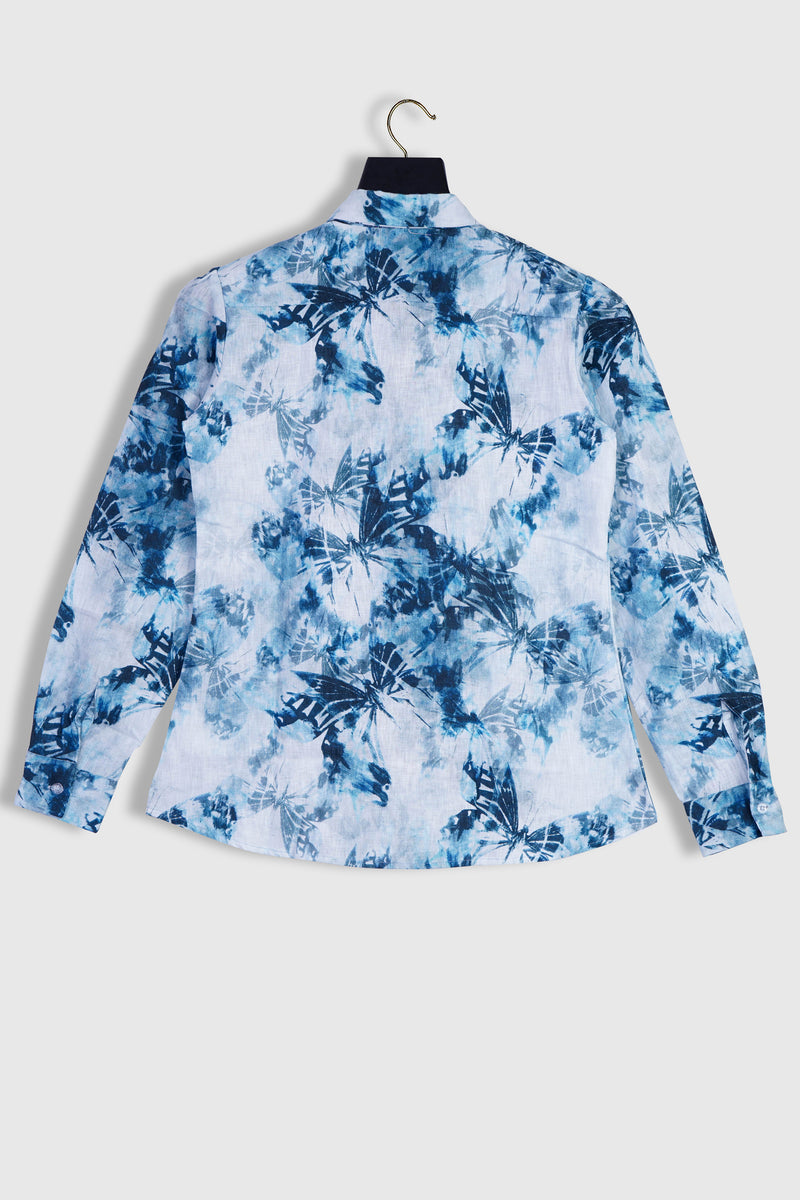 Linen Splash Blue Butterfly Full Sleeve Printed Shirt By Brand Black Jack