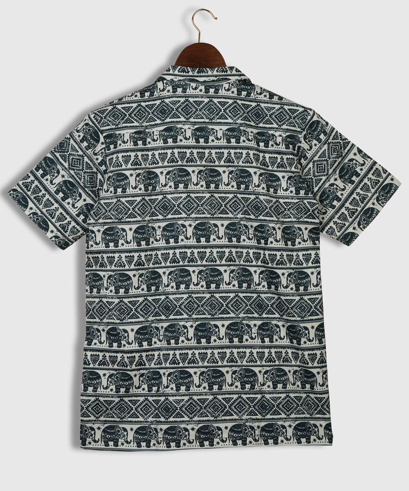 Pure Cotton Mens Printed Shirt Indian Lotus Ethnic Elephant, African Tribal Ornament Print by Brand Black Jack
