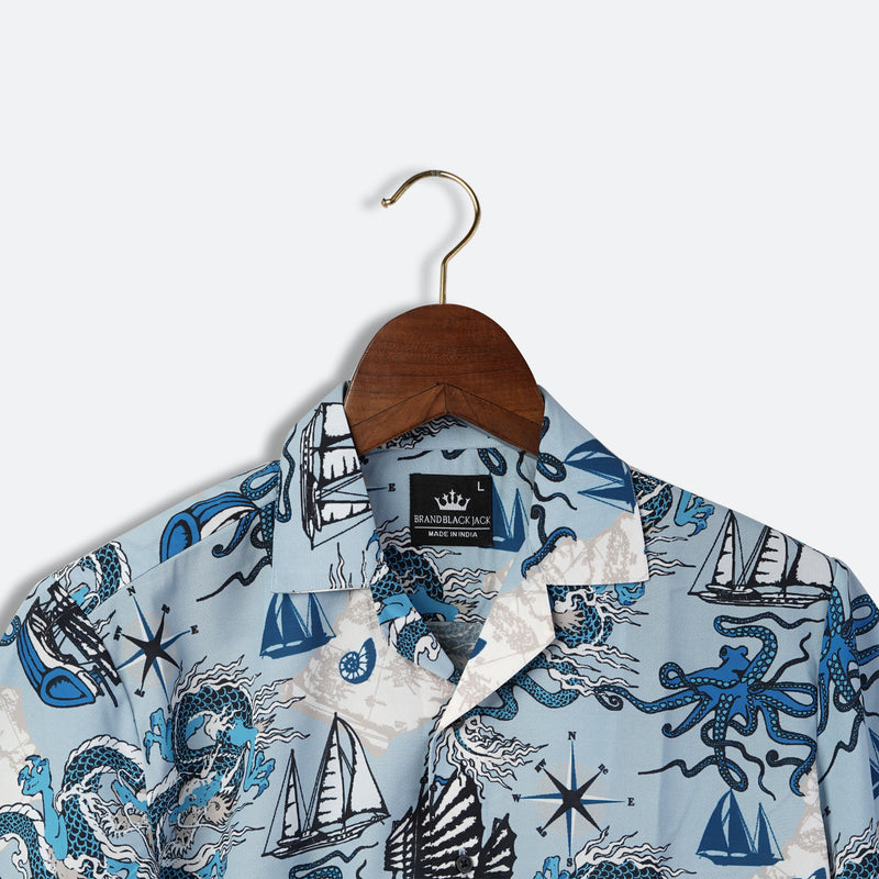 Pattern of Asian Dragon, Octopus and Sea Voyages Mens Printed Shirt by Black Jack