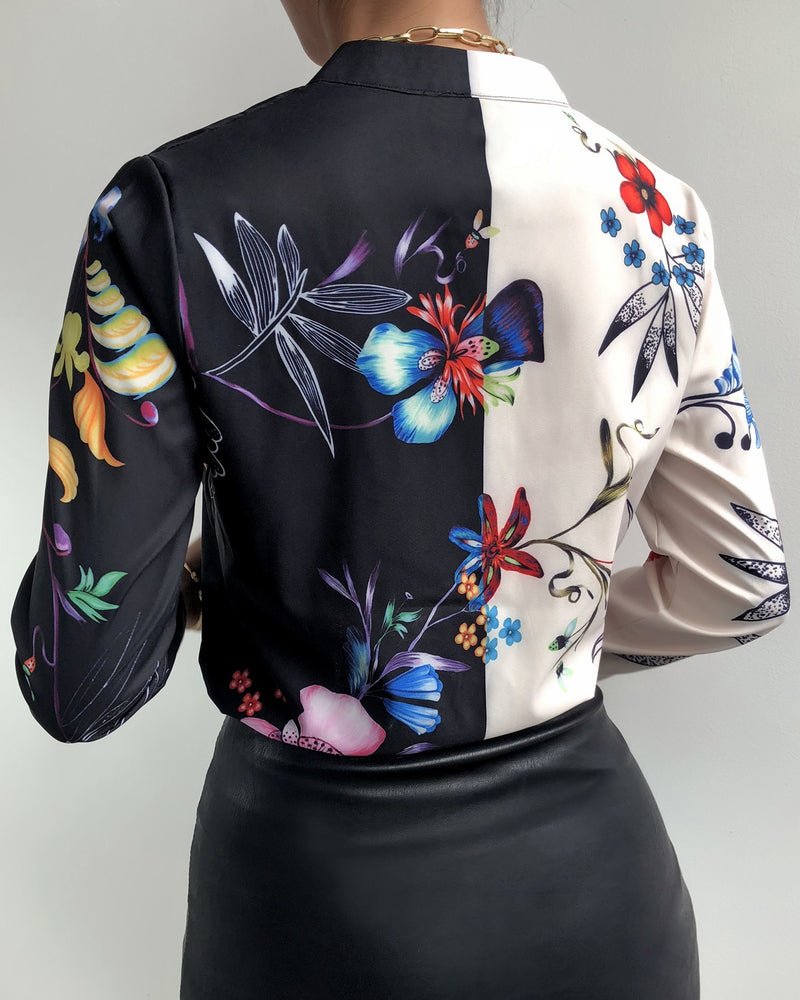 Colorblock Floral Print Casual Shirt