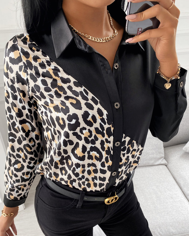 Leopard Print Long Sleeve Button Design Casual Shirt