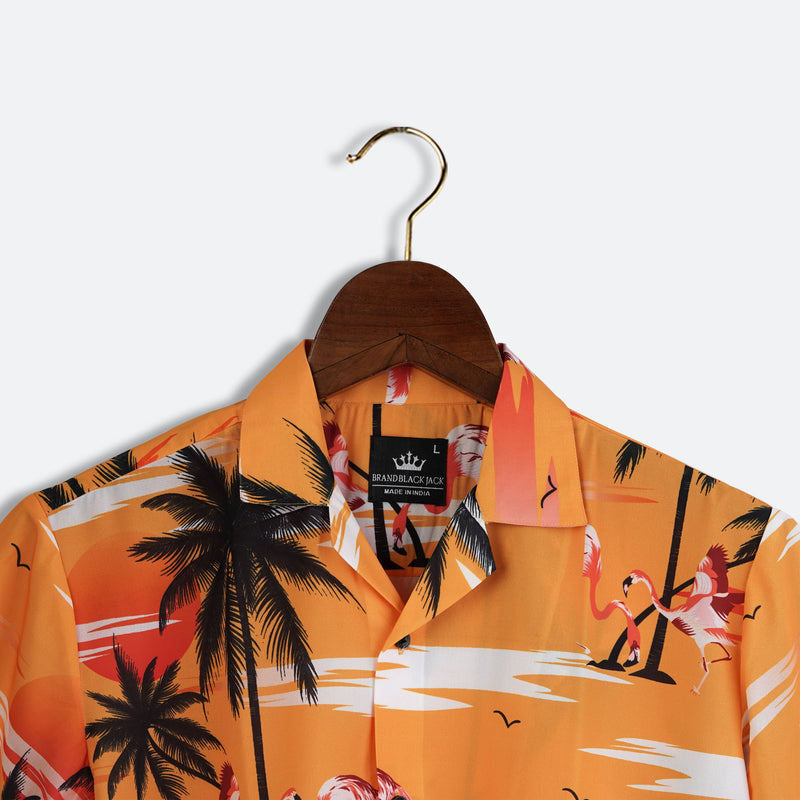 Cuban Style Sunset Glow Coconut Tree Hawaiian Mens Printed Shirt by Black Jack