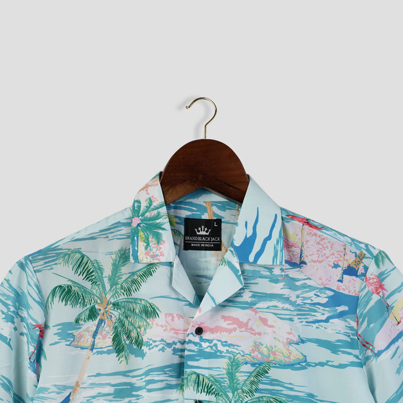 Flamingo Island Print On Green Pastel Color With Plam, Sunset Cuban Mens Printed Shirt