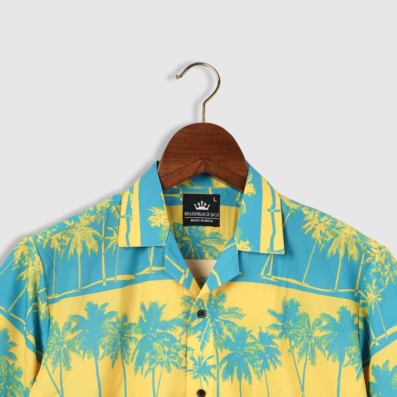 Yellow Palms on a Sky Blue Color Cuban Style Mens Shirt by Black Jack